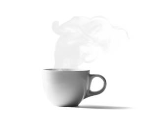 A white ceramic coffee cup filled with hot espresso, steam rising elegantly, high-detail photography style, white background