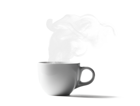 A white ceramic coffee cup filled with hot espresso, steam rising elegantly, high-detail photography style, white background