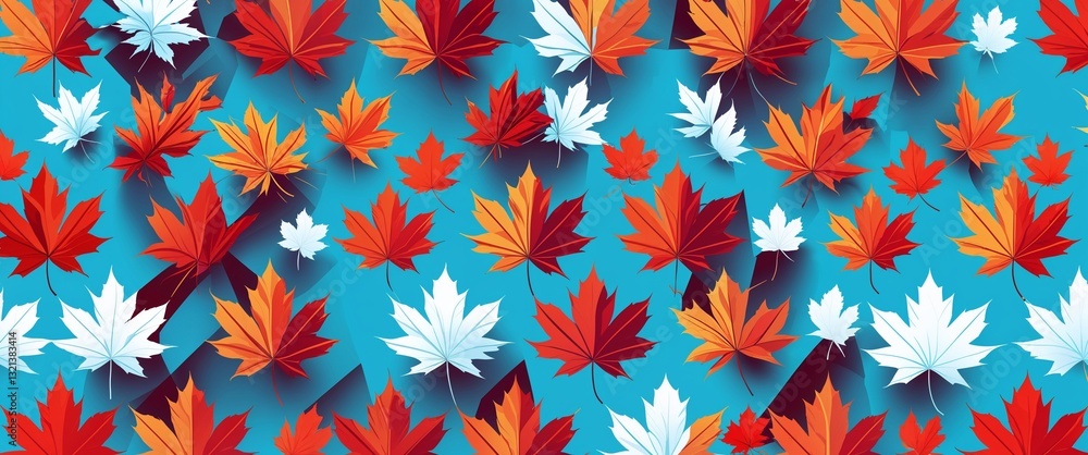 Poster maple leaf pattern on cyan plain background digital abstract art work illustration design