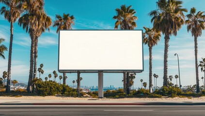 Blank billboard on beach with palm trees and ocean view.