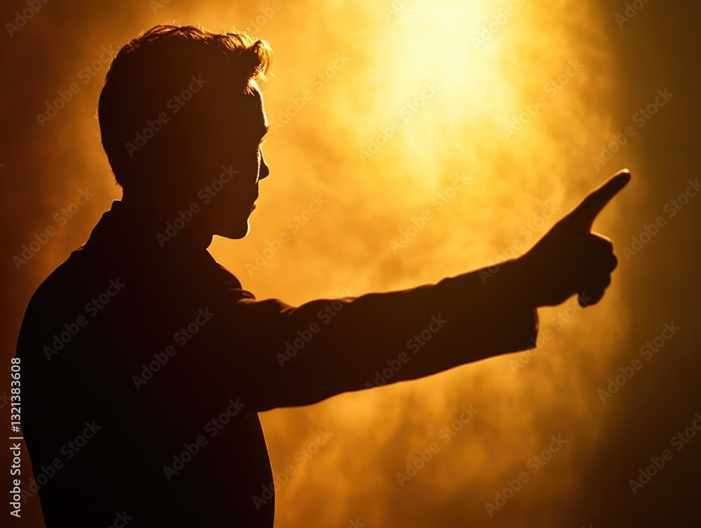 Poster A person gesturing towards an unseen object or direction