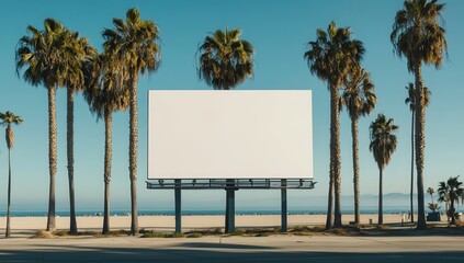 Blank billboard on beach with palm trees and ocean view.