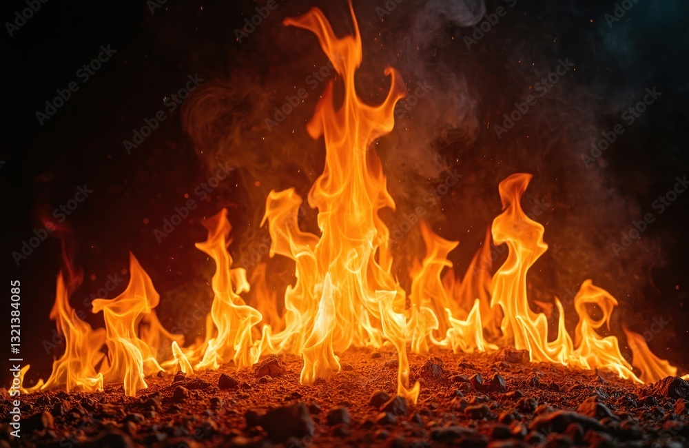 Aufkleber flames of fire burn on black background. fire flame pattern with glowing blazing tongues and explosi
