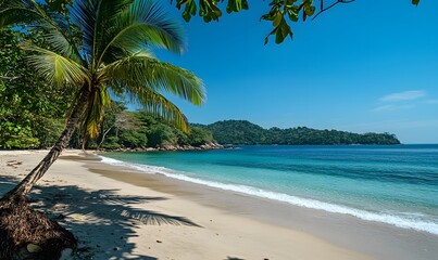 Obraz premium tropical beach with palm trees and blue ocean.