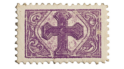 Obraz premium postage stamp with purple cross isolated on white background