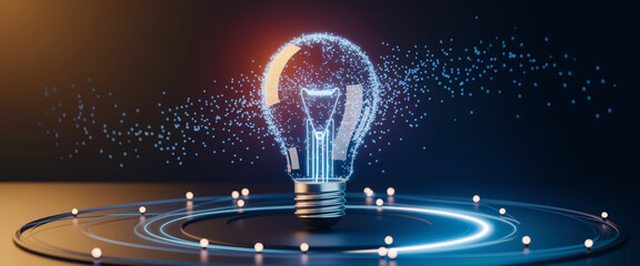 Glowing lightbulb formed from particles on dark circular platform, showcasing innovation, technology, and bright ideas, suitable for website banner or presentation background