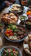 Obraz premium Traditional Arabic dishes with a soft-focus family gathering scene