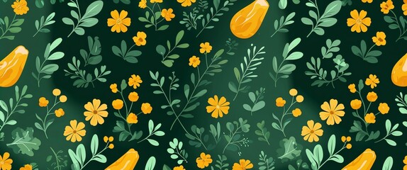 mustard greens pattern on green plain background digital abstract art work illustration design