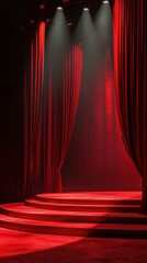 Spotlight shines on a red velvet stage with curtains and illuminated steps at a theater performance in the evening