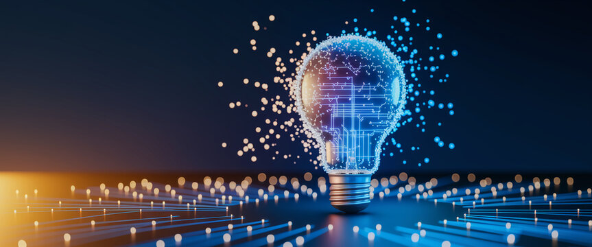 Glowing lightbulb with circuit-like design, particles emanating, dark blue background, symbolizes innovation, technology, and new ideas