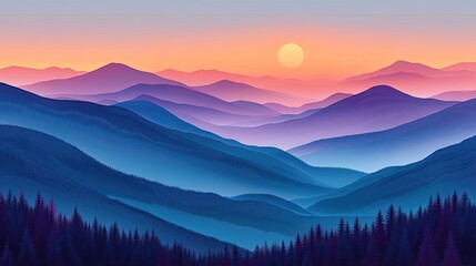 Obraz premium Sunset over layered mountains, forest foreground, peaceful landscape, nature background, travel imagery