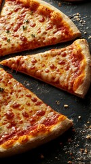 Delicious cheese pizza slices on a dark surface with scattered crumbs and herbs during a casual dining experience