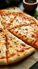 Deliciously cheesy pizza with golden crust displayed on wooden board in cozy dining setting