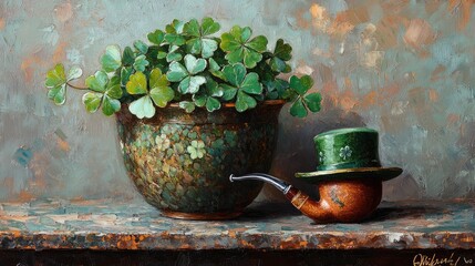 Shamrock pot, pipe, leprechaun hat, still life