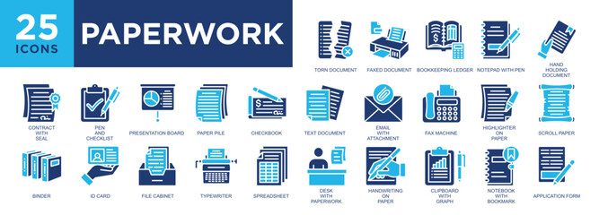 Paperwork, paper, business, document, job, contract icon set. icons collection. Simple vector illustration	