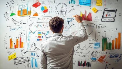 Man adding to colorful whiteboard charts.