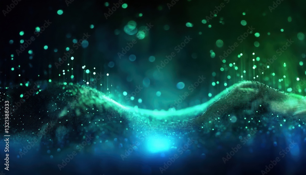 Poster futuristic glowing wave with neon particles and abstract digital mesh in green and blue, perfect for
