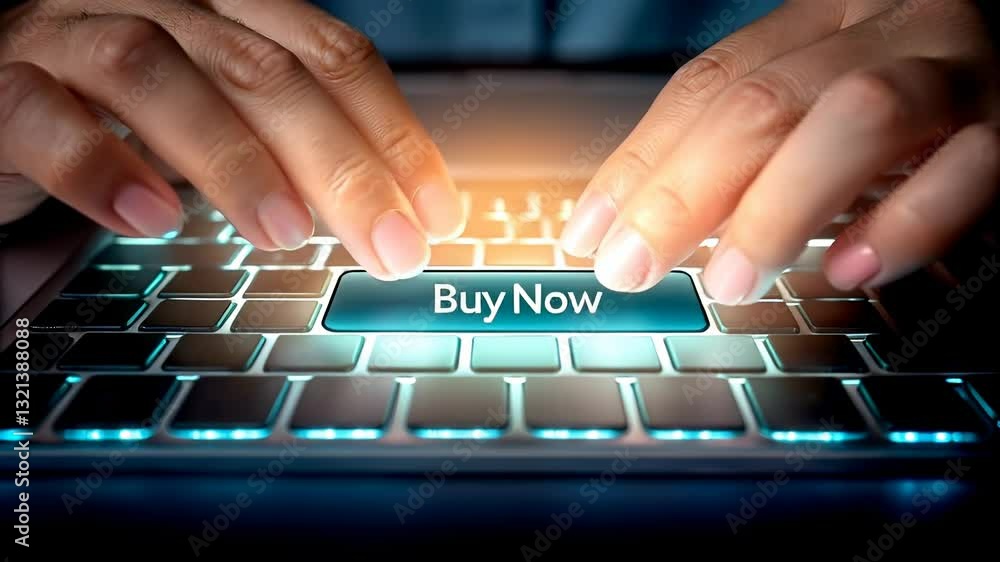 Poster e-commerce online shopping concept. hands typing on a keyboard with a glowing 
