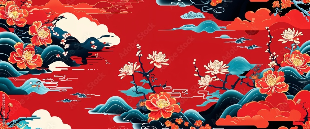Poster tatsoi pattern on red plain background digital abstract art work illustration design