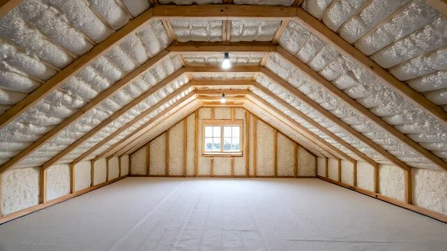 Energy-efficient home upgrades concept. Spacious, insulated attic with wooden beams and ample natural light.
