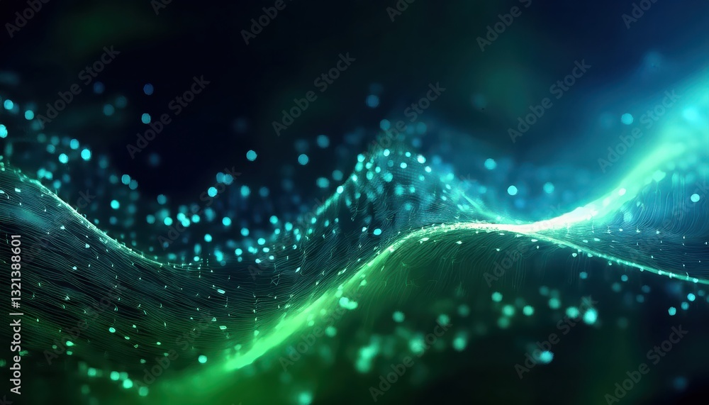 Aufkleber futuristic glowing wave with neon particles and abstract digital mesh in green and blue, perfect for