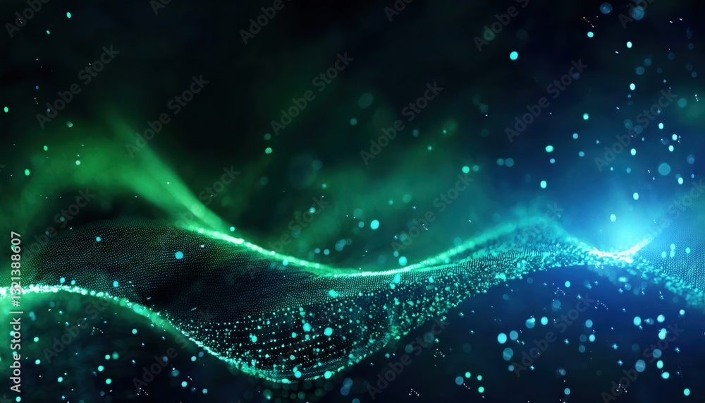 Poster futuristic glowing wave with neon particles and abstract digital mesh in green and blue, perfect for