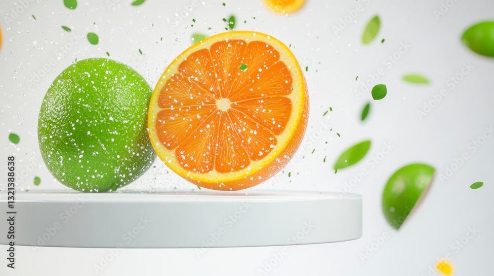 Poster vibrant orange and lime halves levitate on a white platform, surrounded by splashing juice and float