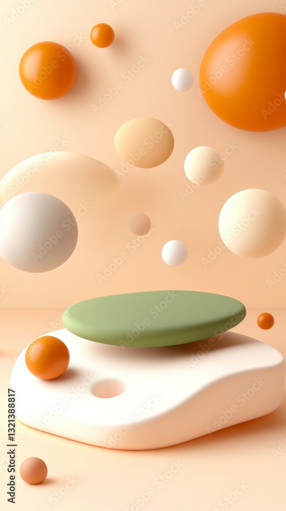 Poster abstract 3d rendering of floating pastel spheres and platforms. soft lighting, neutral background. c