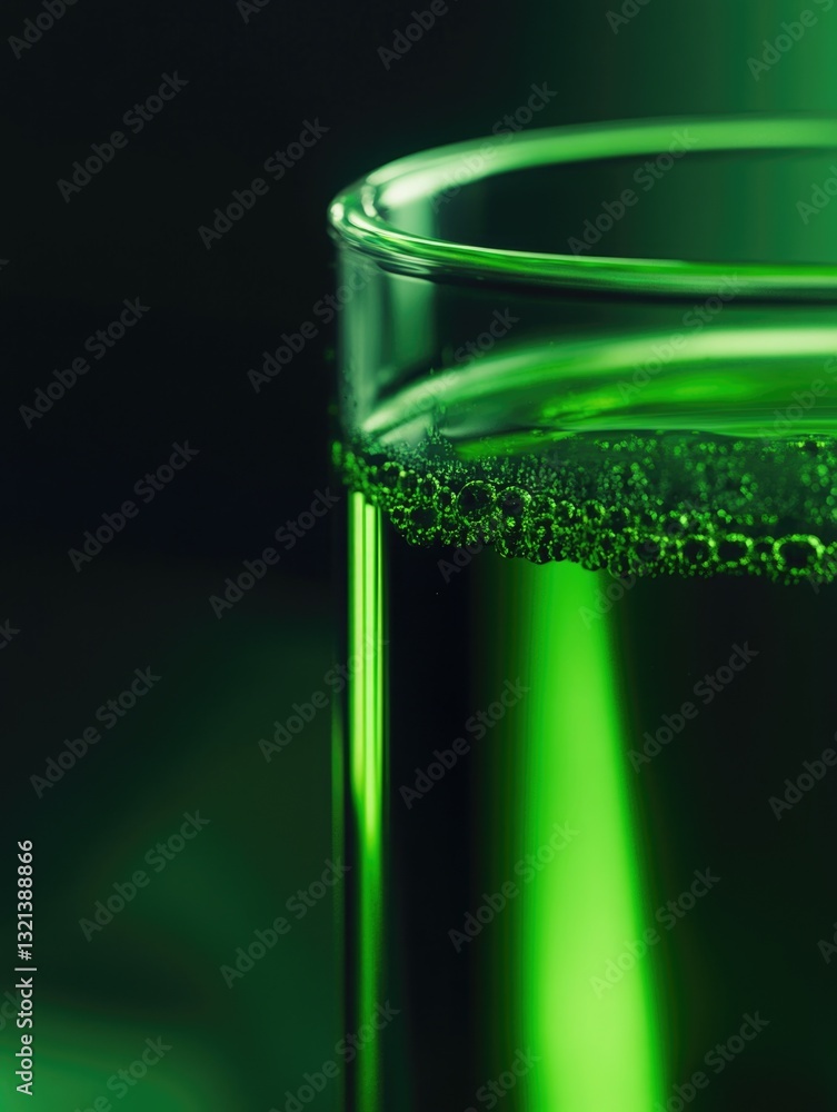 Poster a close-up view of a green liquid inside a glass, suitable for use in scientific or medical contexts