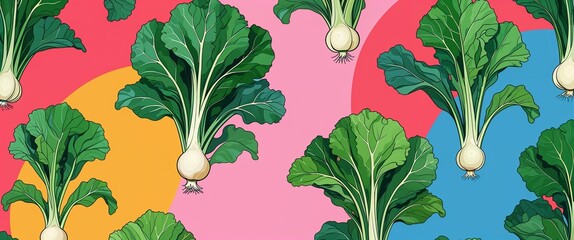 turnip greens pattern on colorful plain background digital abstract art work illustration design