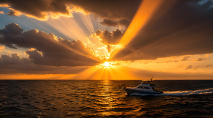 Golden Sunset Over the Ocean with a Lone Boat