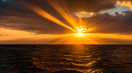 Dramatic Sun Rays Breaking Through Clouds at Sea