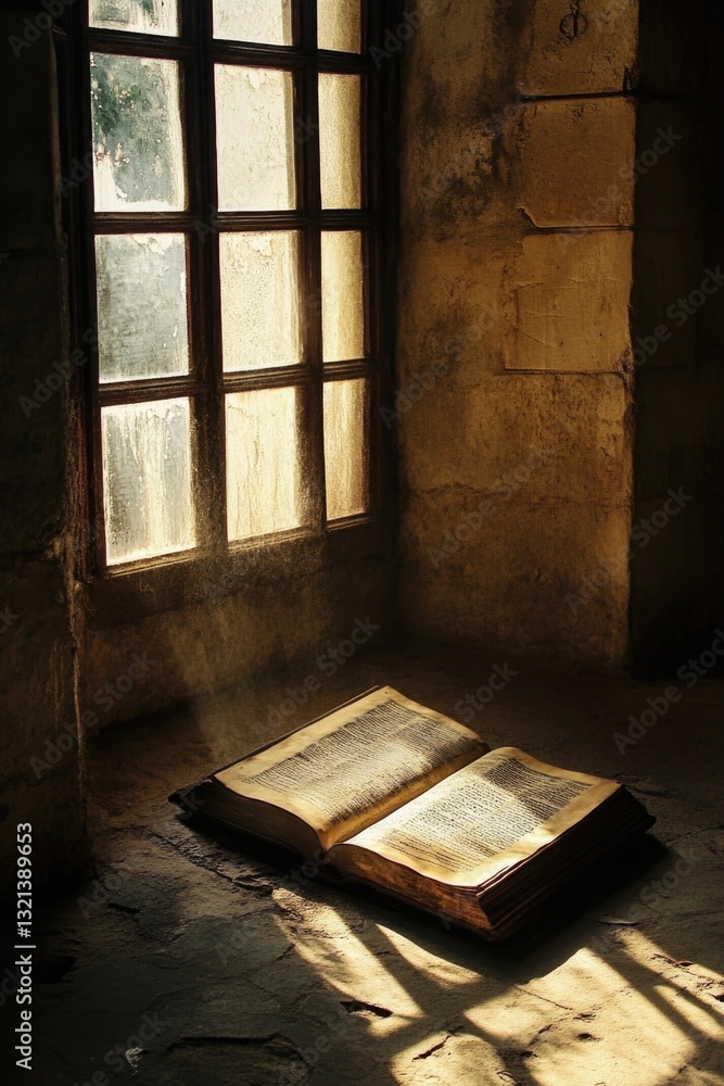Poster a book lies open on the floor, with sunlight streaming in from the adjacent window