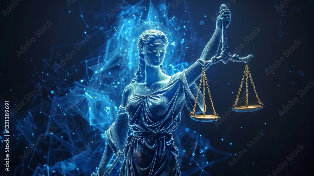 Aufkleber digital representation of justice with a holographic scale in a virtual judiciary environment