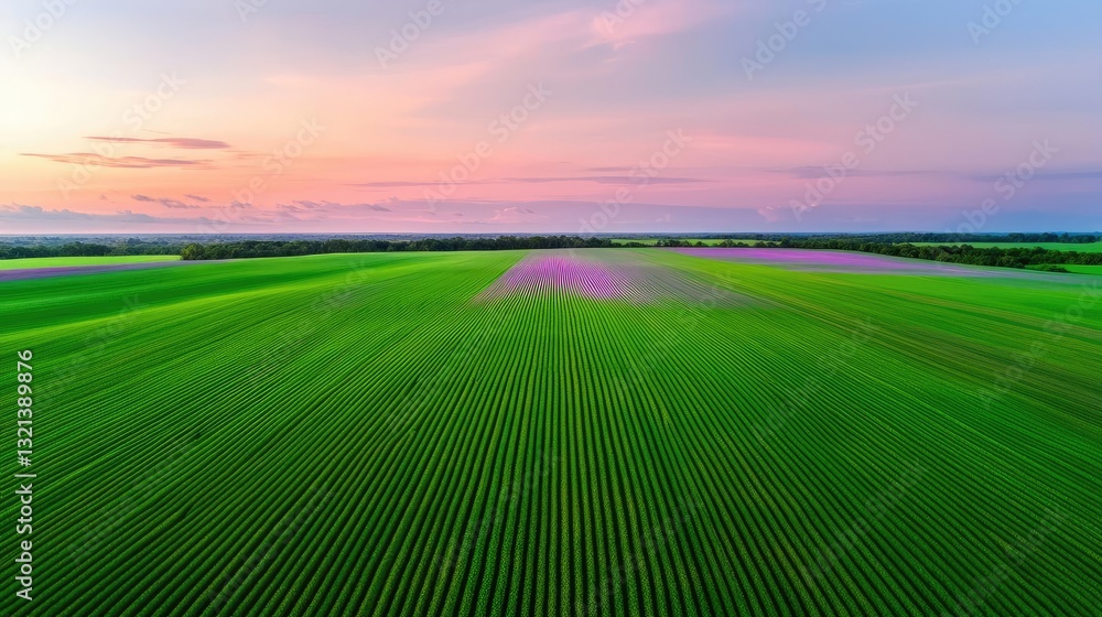Poster aerial landscape abstract background idea. vast green fields under a colorful sunset sky create a se