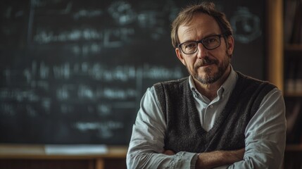 A man wearing glasses stands in front of a blackboard, ready to teach or present