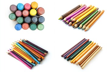 Naklejka premium Colorful pencils arranged in four different ways on white background.