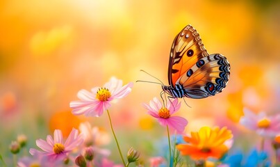 Obraz premium a butterfly perched on a flower in a garden.