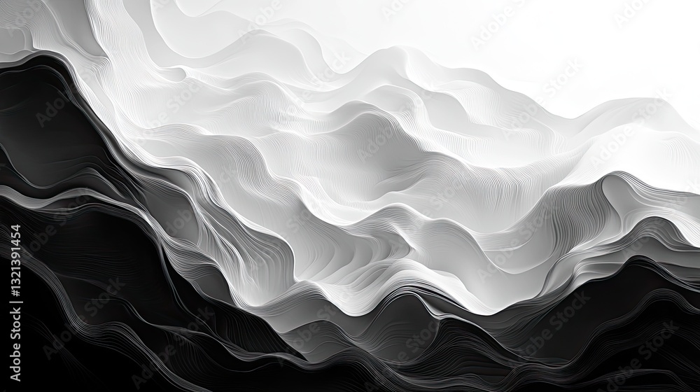 Poster abstract grayscale layered mountain range, minimalist background design, possible use for website ba