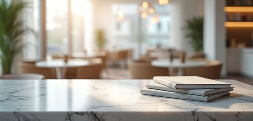 Modern light workspace room interior with marble table, blurry background. Table books and plants enhance room atmosphere. Clean cafe or office space. Bright room with sunlight through the windows.