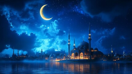Ramadan Kareem greeting card template with crescent moon, 3d illustration, mosque and calligraphy inscription which means Ramadan Kareem, on night cloudy blue background. Realistic, Full HD, 32k