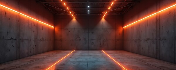 Futuristic studio with dark underground garage, warehouse interior. Neon LED laser glows orange on concrete tiled floor. Grunge industrial showroom perspective, cyber stage concept for product - obrazy, fototapety, plakaty