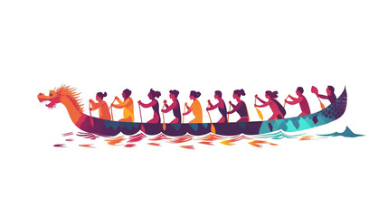 Dragon Boat Festival PNG file transparent background – Flat vector of paddlers in a dragon boat synchronizing strokes