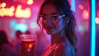 Fashionable smiling girl in glowing glasses holds cocktail at neon party in nightclub. Young beautiful woman drinks alcoholic beverage at bar. Summer vacation holiday celebrating nightlife concept.