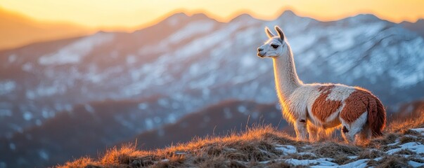 A llama stands peacefully on a hillside at sunset with mountains in the background