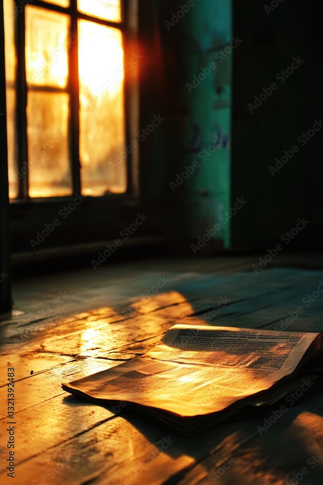 Aufkleber a single sheet of paper sits on a wooden floor, with a window in the background