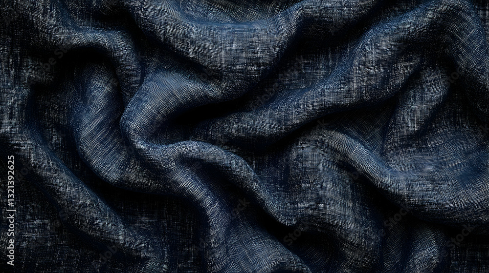Poster draped dark blue fabric with a textured surface. soft, flowing folds create visual interest