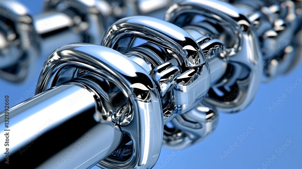 Poster close up view of a polished metal mechanism, gleaming chrome like parts interlocked, creating a comp