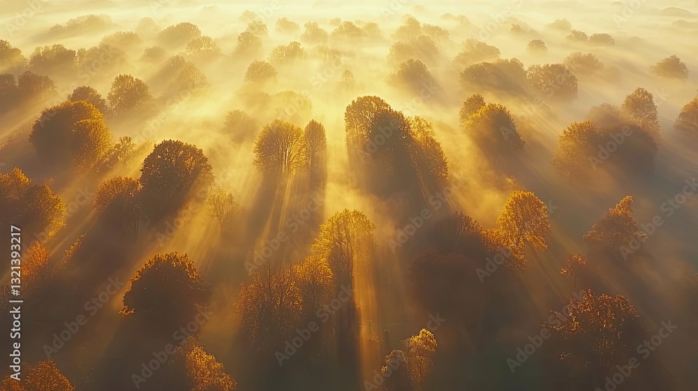Poster aerial landscape abstract background idea. golden rays illuminate a misty forest, creating a serene 