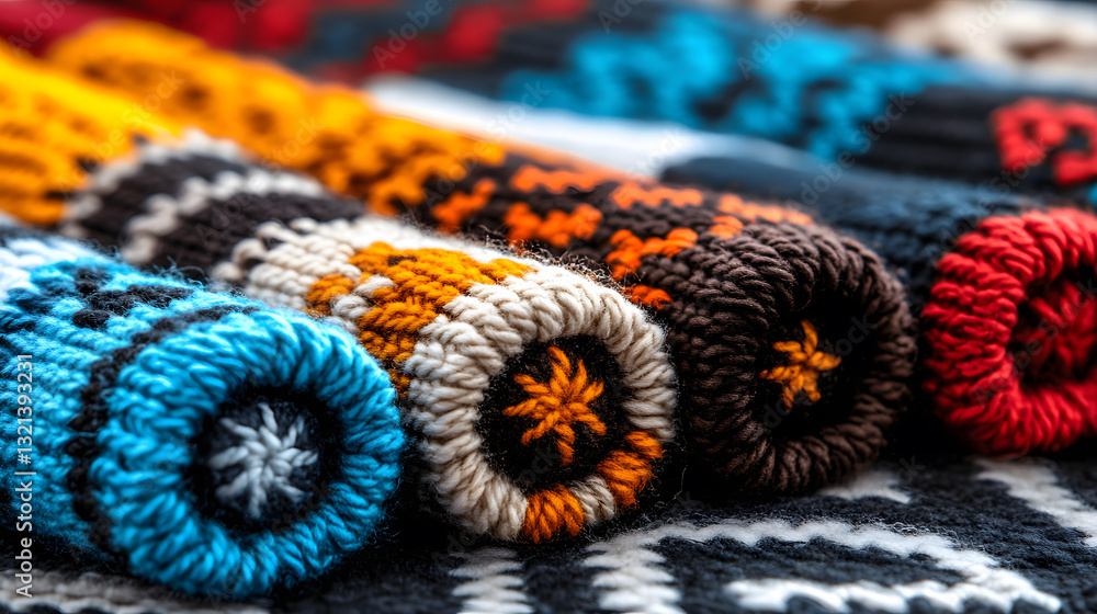 Aufkleber colorful rolled textiles display intricate patterns, showcasing craftsmanship and vibrant hues in a 